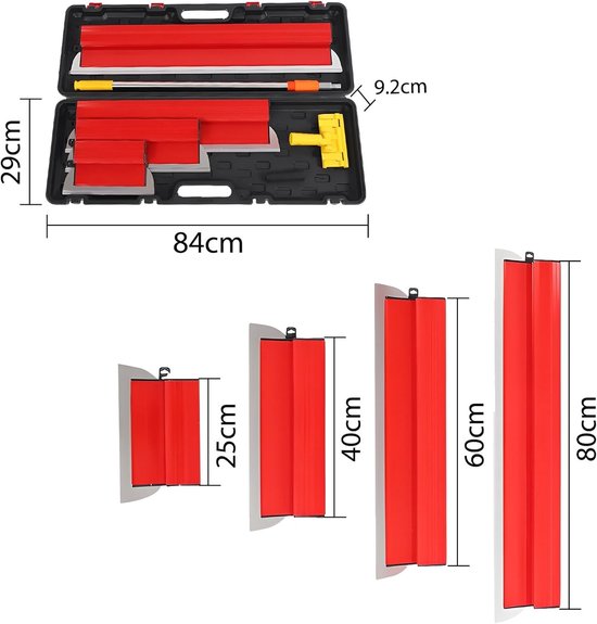 Vlakspatelset voor professioneel gebruik met 9 spatelgereedschapsopties - 25 cm, 40 cm, 60 cm, 80 cm - Multifunctioneel en telescopisch voor muren en plafonds - Complete koffer van Merkloos	 — afbeelding 5