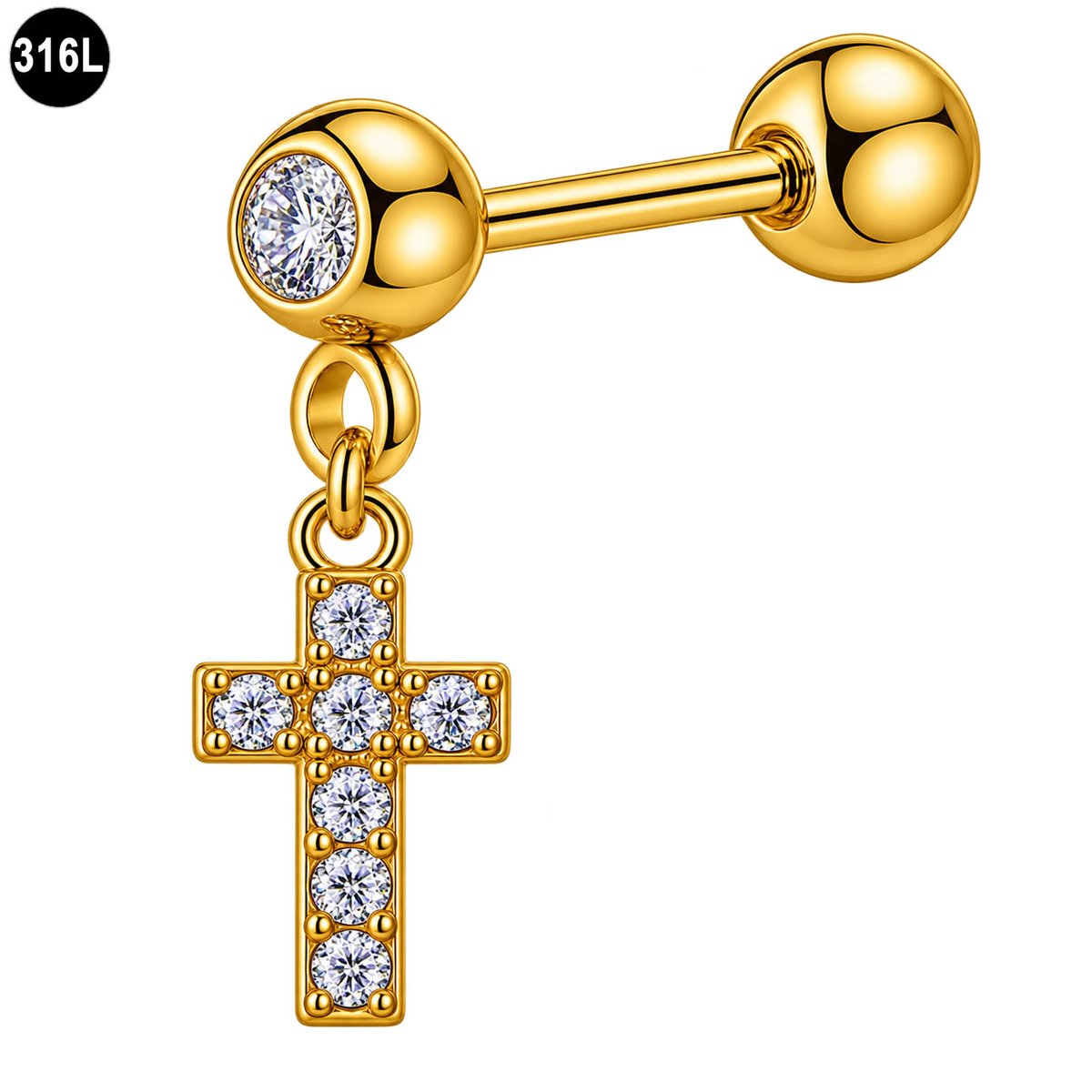 Helix Piercing - Goudkleurig met Kruis Hanger en Kristallen – 316L Chirurgisch Staal – 1.2 x 6 mm – Tragus Kraakbeenpiercing