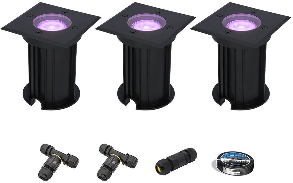 Set van 3 Ramsay Smart Grondspots buiten - Vierkant - 5,5W 400lm - RGBWW - Wifi + Bluetooth - Bestuurbaar via app - IP67 - Google Home - Amazon Alexa - Zwart - Inclusief installatiemateriaal (Kabel & connector)