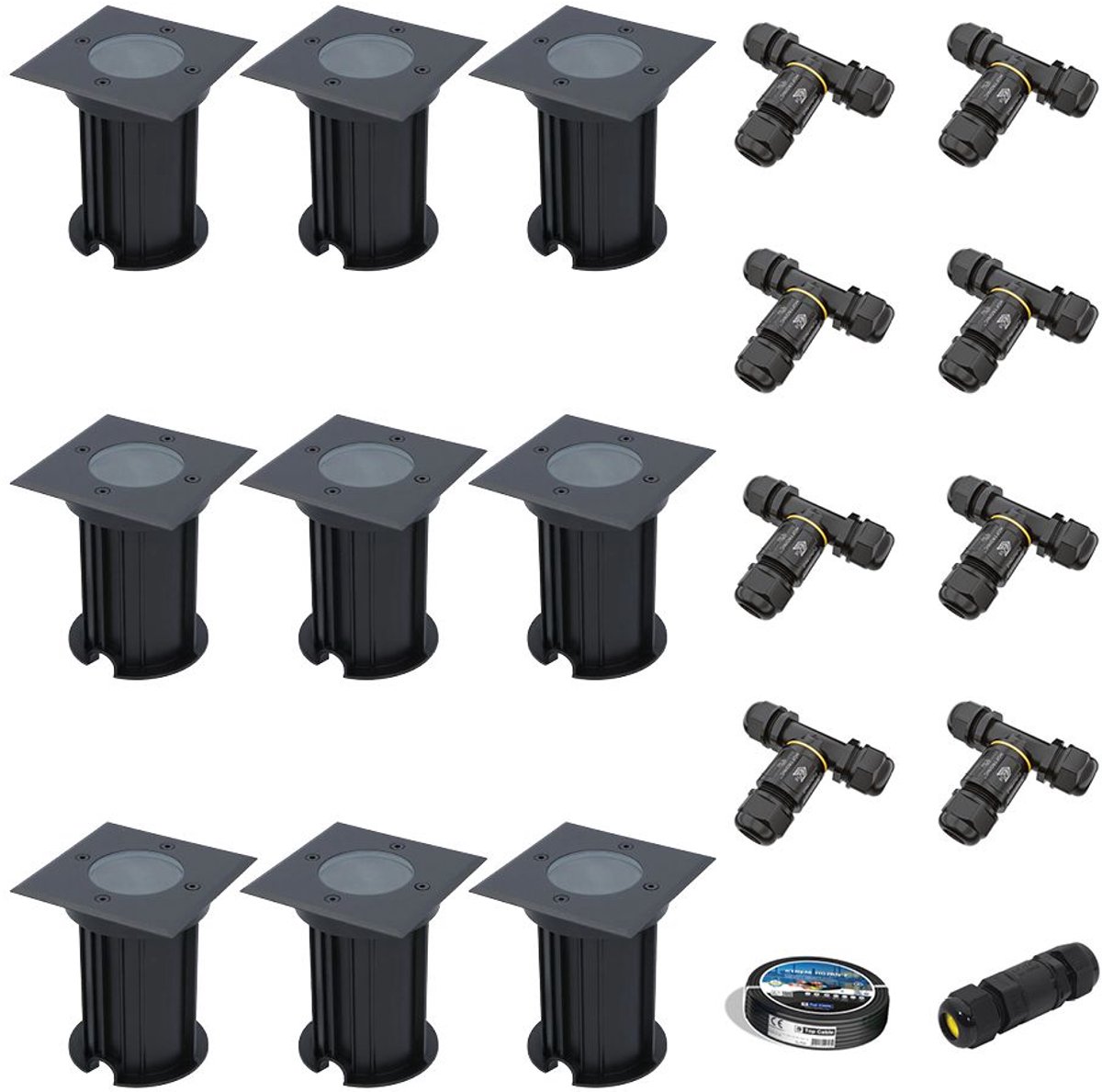 Set van 9 Ramsay LED Grondspots - Vierkant - Dimbaar - GU10 - Excl. Lichtbron - Tuinspot - Zwart - IP67 waterdicht - Overrijdbaar voor de Oprit, Tuin en Terras - Inclusief installatiemateriaal (Kabel & connector)