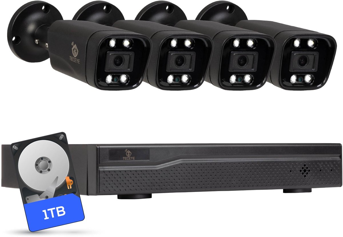 Teceye Compleet Camera Beveiliging Set met 4x POE Camera's - 1TB - Beveiligingscamera - Beveiligingscamera binnen - Beveiligingscamera buiten - CCTV Camera systeem - Beveiligingscamera set - Bewakingscamera set