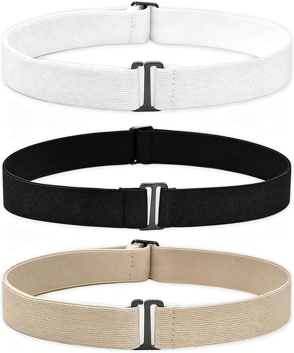 Elastische riem zonder gesp voor dames en heren, 3 stuks in zwart, wit en kaki, comfortabele en verstelbare stretchriem voor jeans en broeken