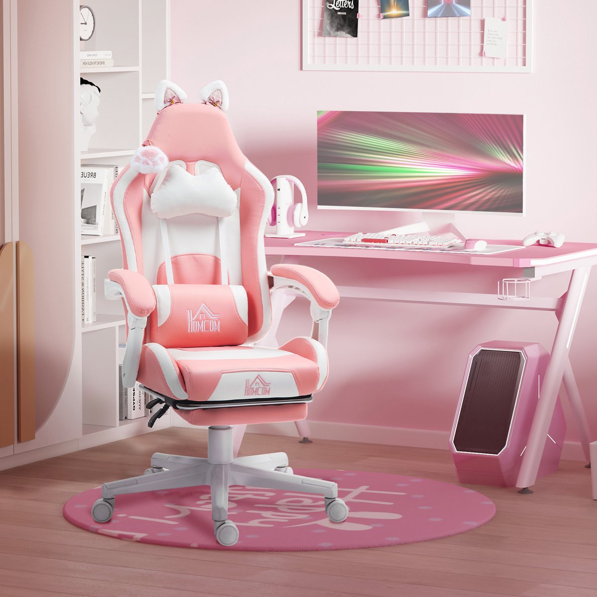 MIVRAY Gamingstoel - Ergonomische Kattenorenstoel - Met Lendensteun En Voetsteun - Voor Gaming En Bureau - Kunstleer - Roze