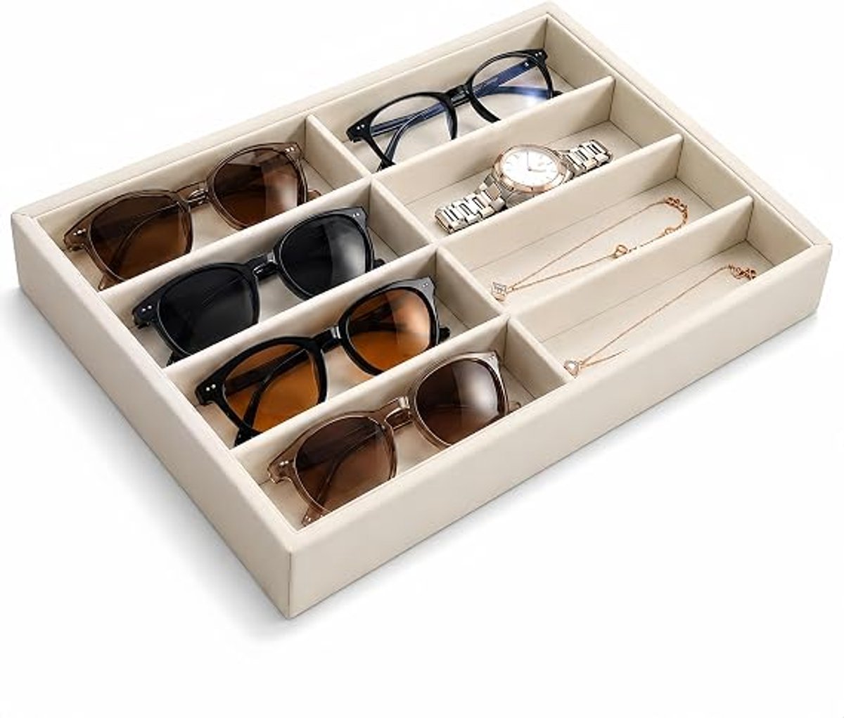 Bobypet - Brillenorganizer - Opbergdoos voor zonnebrillen met 8 vakken - Fluweelachtig materiaal - Voor zonnebrillen, brillen, horloges en sieraden - Brillenopbergdoos - 35.5*24*3cm - Beige