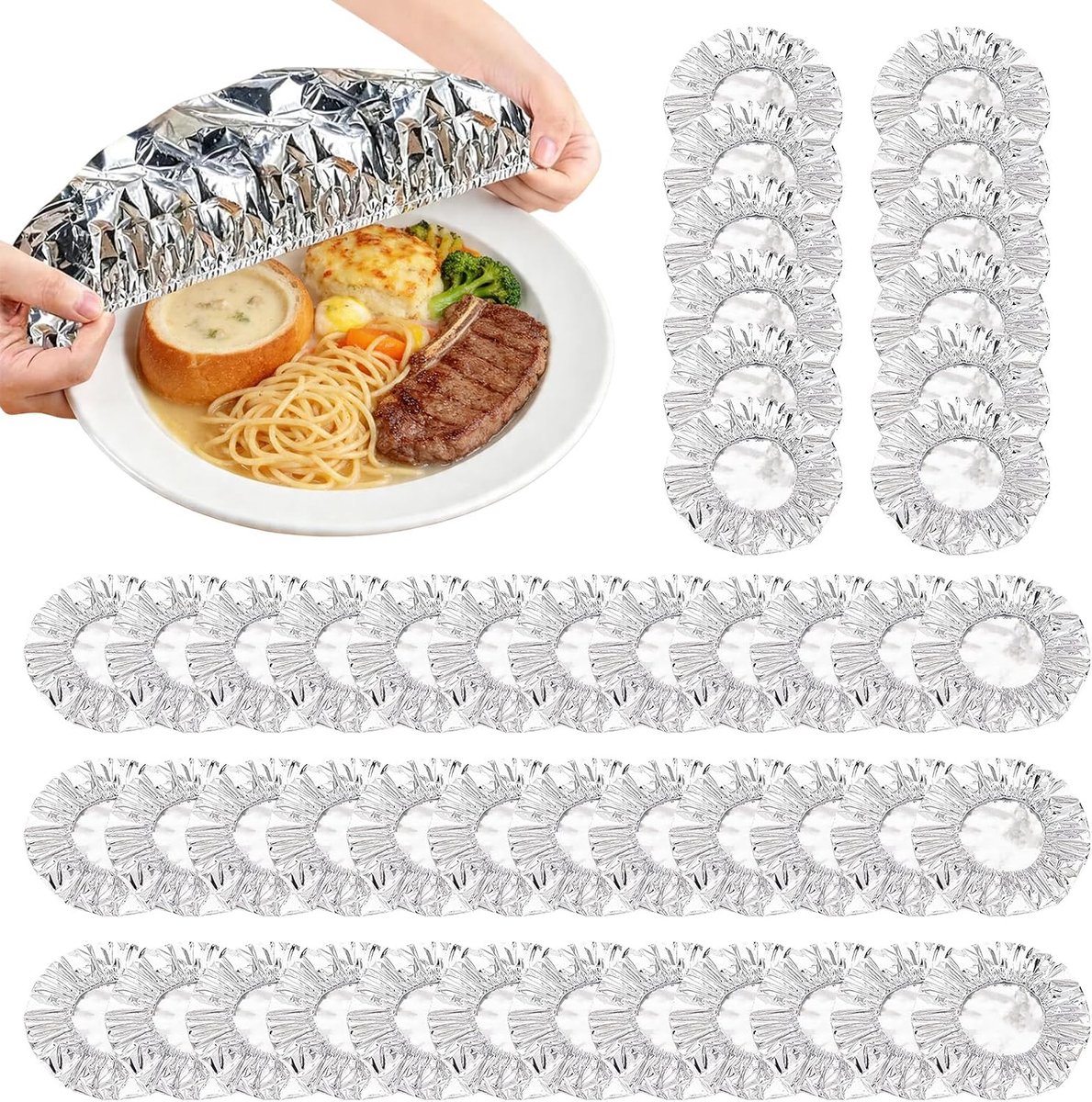 Bobypet - Voedselafdekhoesjes - Aluminium afdekfolie hoesjes - 60 stuks - Herbruikbaar en elastisch - Voor het afdekken van schalen en kommen - Thuis, feestjes en picknicks - 20cm - Zilver