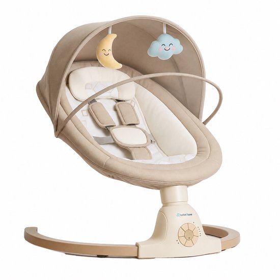 Beige elektrische babyschommel met maan- en wolkendecoratie, zittend baby-inzetstuk en stoffen kap.