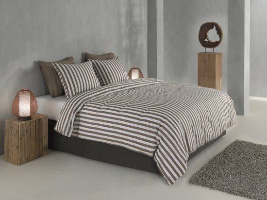 Zohome Dekbedovertrek Banda-di-Lino - Bedlinnen met Strepen - 200x200-220 cm - Taupe - Dekbedhoes van 100% Katoen — afbeelding 3