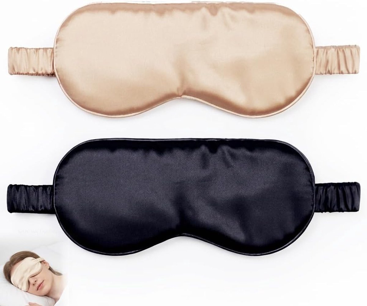 Zijden Slaapmasker Set van 2, Volledig Verduisterend Oogmasker voor Dames en Heren, Zacht en Comfortabel Nachtmasker voor Reizen en Thuisgebruik (Zwart en Zilver)