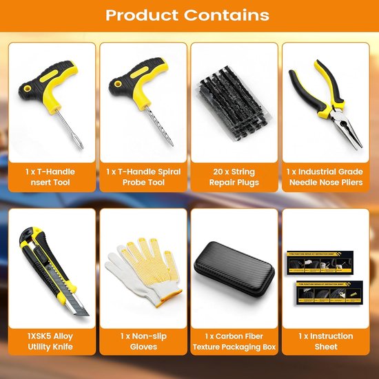 Bandenreparatieset - Noodset - Auto Onderhoud - Compleet 27-delig - 20 Koorden - Zwart — afbeelding 5