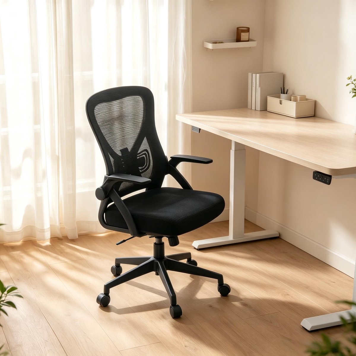 MIVRAY Bureaustoel 47 x 42 x 102 Tot 111,5 Cm Ergonomisch Draaibaar Met Klapbare Armleuningen En Wielen Voor Werkplek Zwart Mesh