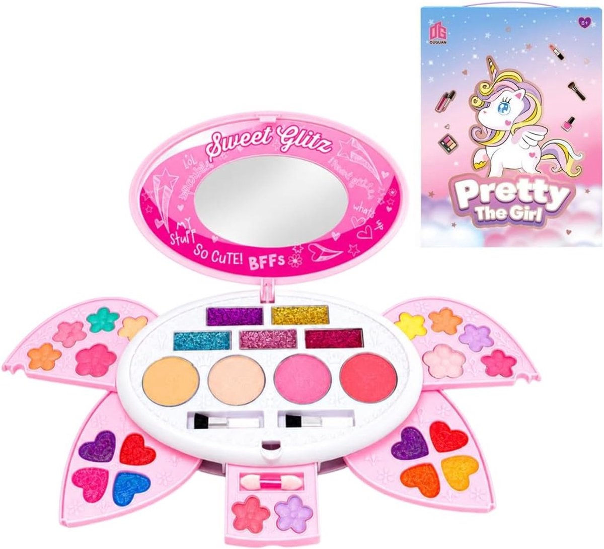 Make-upkoffer voor meisjes - Roze - Compacte kinder make-upset met spiegel - Wasbare make-up voor 3-10 jaar