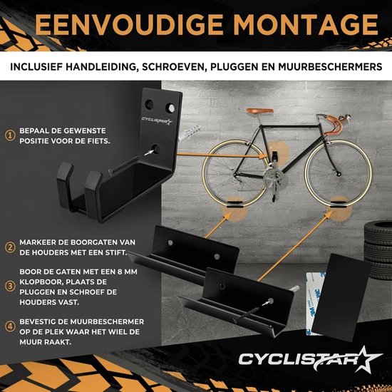 CYCLISTAR Fietswandhouder tot 40 kg, robuuste fietshouder voor MTB, racefiets, e-bike, fietshouder, wandpedaalophanging + 2 x steunhoek van Merkloos — afbeelding 3