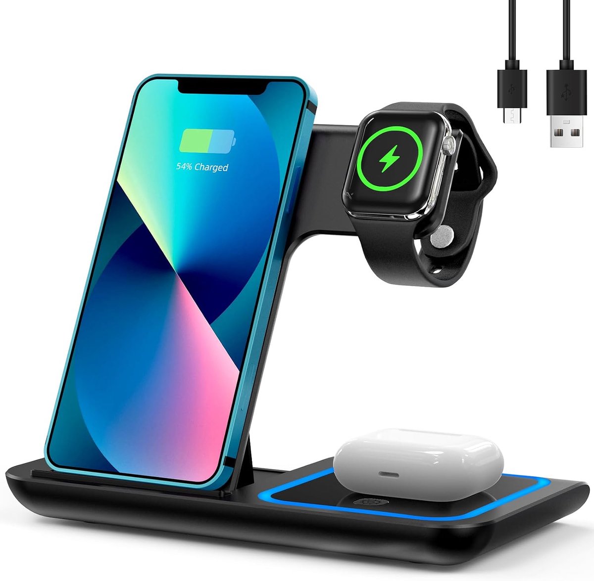 3-in-1 Draadloze Oplader Met Ademend Licht En 15W Snelladen - Opvouwbaar Verstelbare Hoek - Compatibel Met iPhone, AirPods En Apple Watch - Onmisbaar Voor Je Studentenkamer