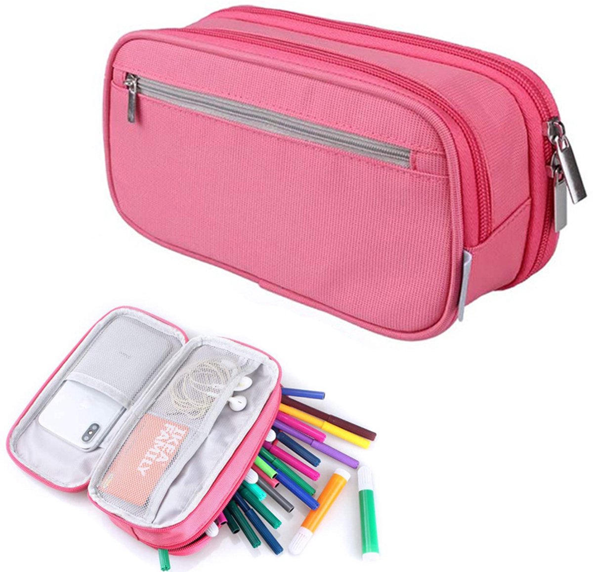 Etui met grote capaciteit - Multifunctioneel etui met drie vakken - Opbergtas voor schrijfwaren - Etui - pennendoos - Pennenetui - 21*10*6 cm - Unisex - Geschikt voor studeren, kantoorwerk, reizen, enz. - Roze