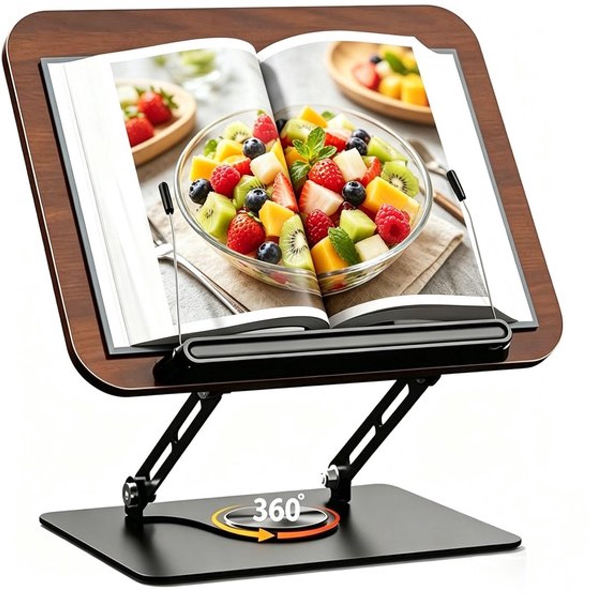 Boekstandaard Verstelbaar - Houten Boekenstandaard - 360° Draaibare Basis - Aluminium Frame - Stabiele Steun voor Kookboeken - Krasbestendig en Vochtbestendig - Boekensteun