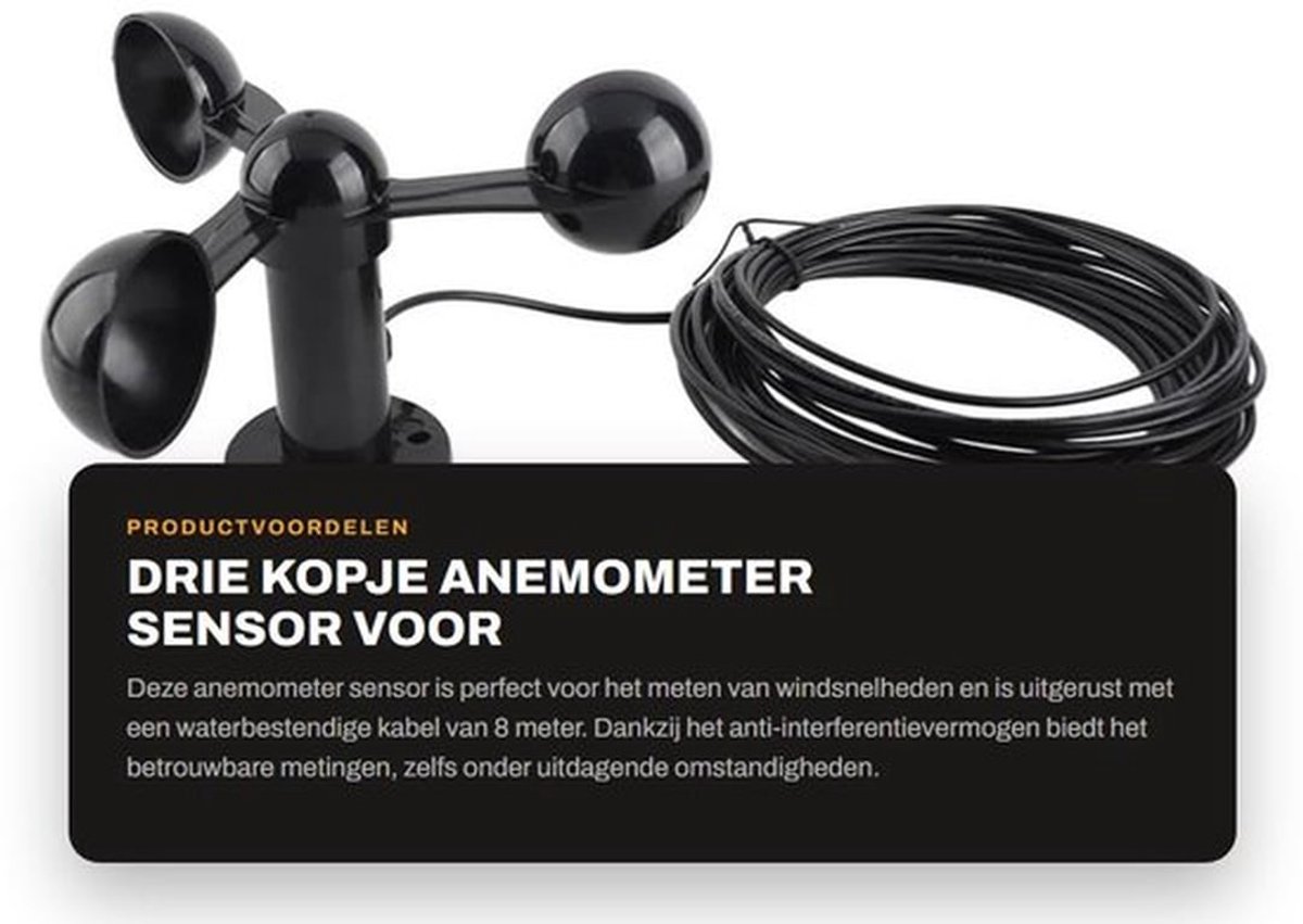 Anemometer met 8m Waterbestendige Kabel - Windsnelheid Detector - Schokbestendig - ABS Materiaal - Anti-interferentie - Duurzaam Ontwerp - Windsnelheidsmeter