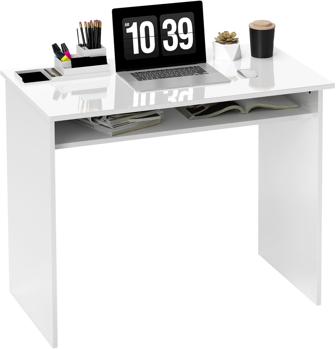 Bureau d'ordinateur - avec 1 étagère - en aggloméré - dimensions : 90 cm de long × 50 cm de large × 74 cm de haut - laqué blanc