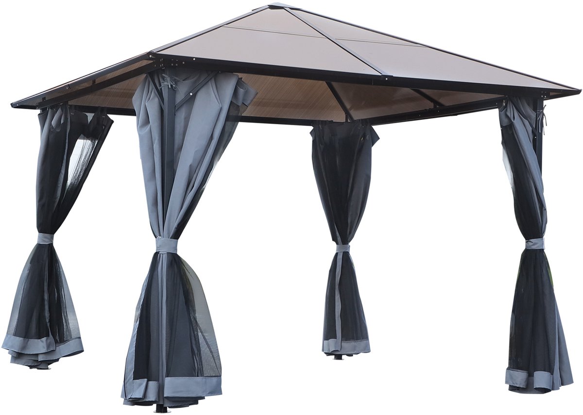 Paviljoen met polycarbonaat dak - gordijnen met horren - aluminium frame - donkergrijs - 3 x 3 m