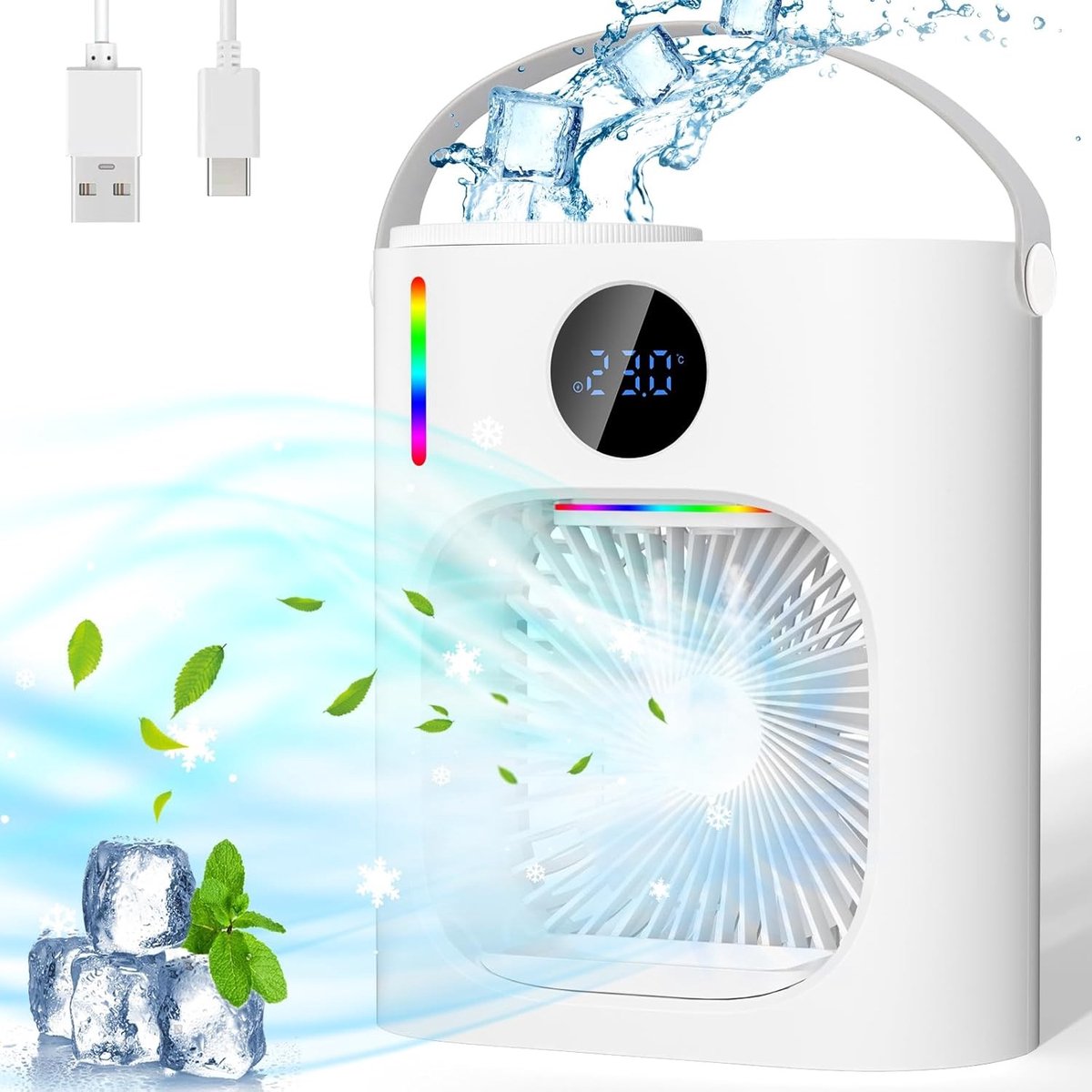 Mini airco - Wit - 900 ml - 4-in-1 Draagbare Luchtkoeler met LED Nachtlampje - Voor Thuis en Kantoor