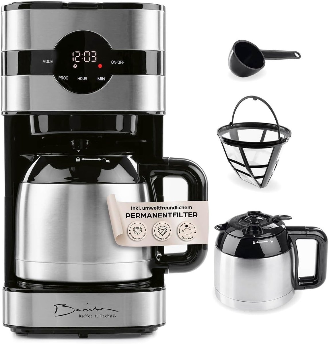 Filterkoffiezetapparaat - Roestvrij Staal - 1,25 L - Met Thermokan en Timer - Voor 8 Kopjes Koffie