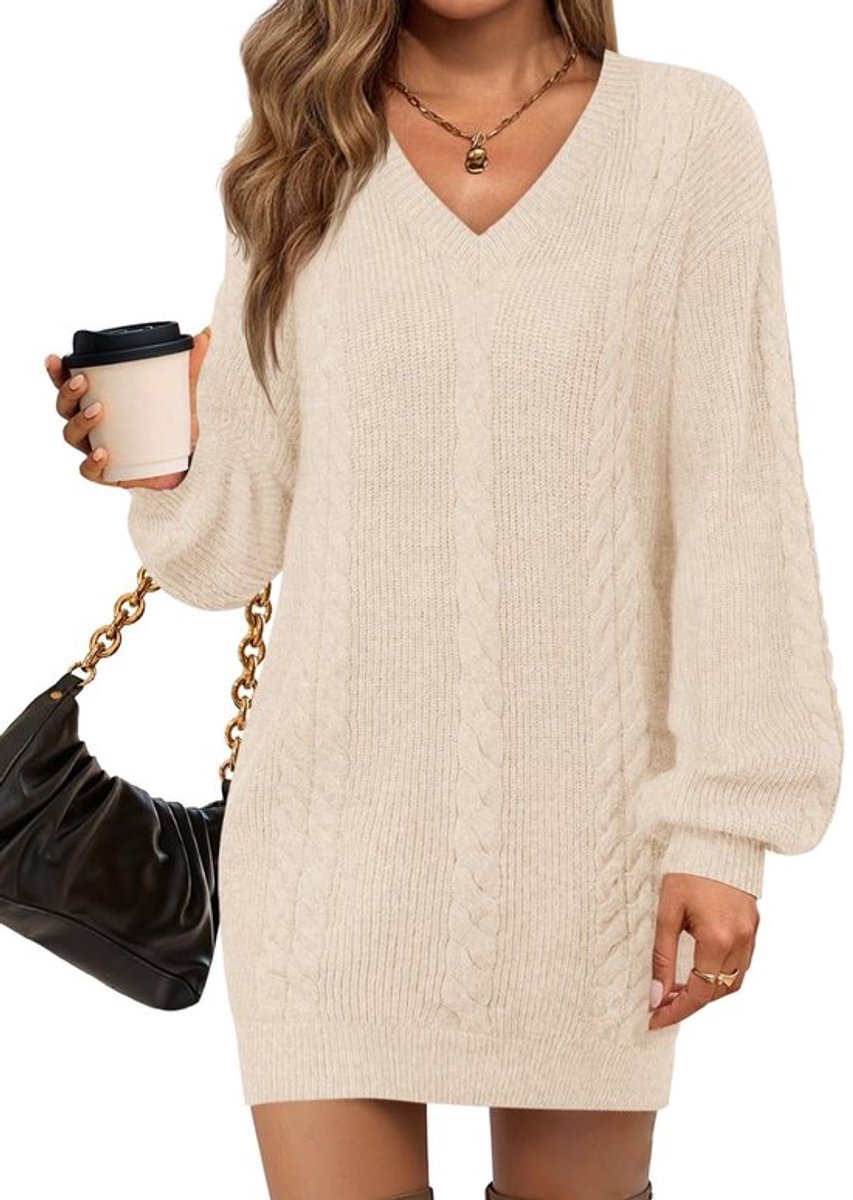 Mini-jurk V-hals - Gebreide Trui-jurk - Oversized - Lantaarnmouwen - Losse Pasvorm - Zachte Gebreide Stof