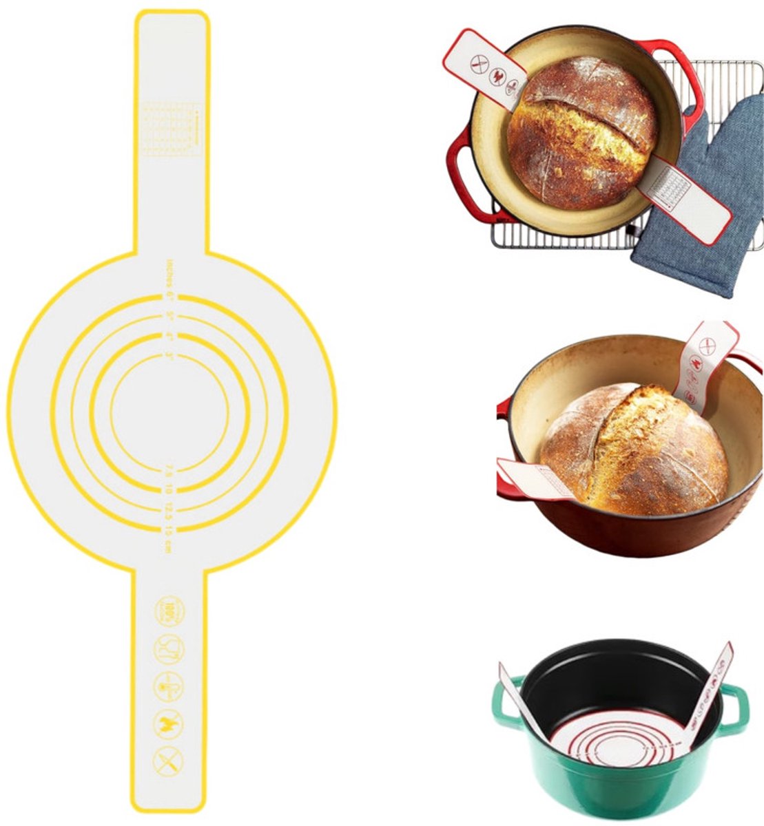 Siliconen bakmatten- Herbruikbare Deegmat - Lange Handvatten - Sling Bakmat – Siliconen bakmat met lange handgrepen – Herbruikbare bakmat voor brood – Geschikt voor zuurdesem, deeg en pizza ( rond 52.5 x 21.5 cm)
