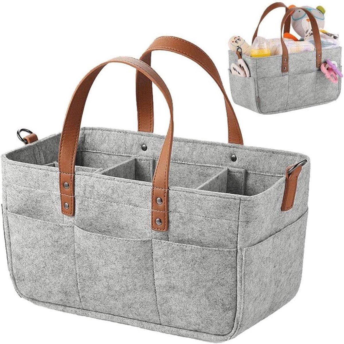 Luier Organizer - Draagbare Opberger - Babykamer Inrichten - Verstelbare Vakken - 33 x 15 x 18 cm - Grijs