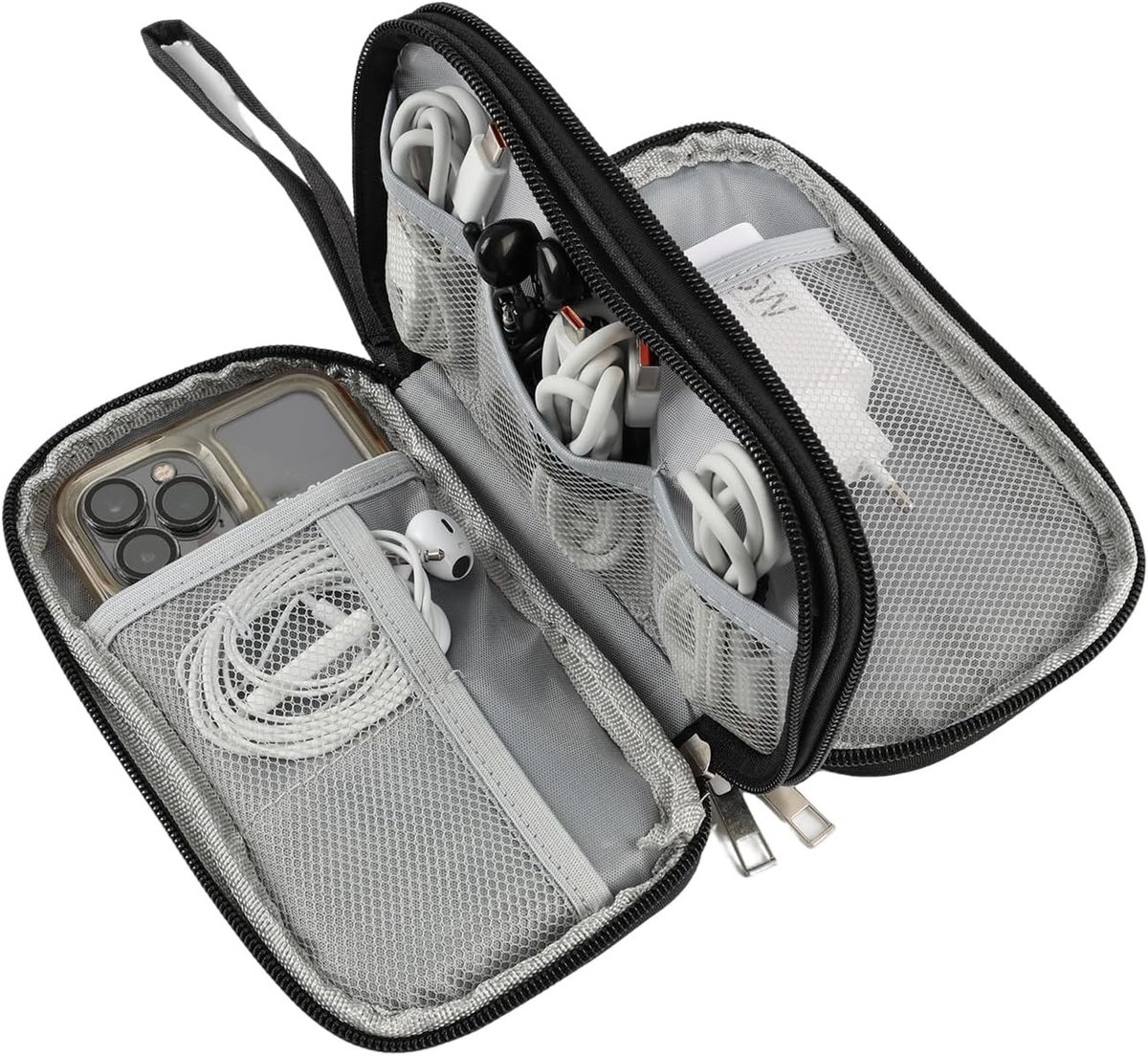 Waterdichte Kabeltas - Compacte Organizer met Dubbele Rits en Twee Lagen voor Opladers, Powerbanks en Accessoires voor Thuis en Op Reis