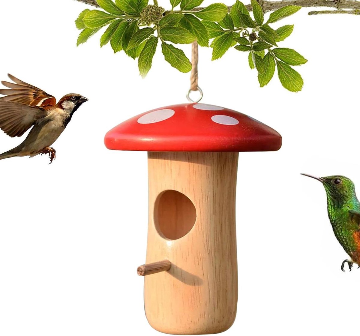 Kolibriehuis Paddenstoel - Vogelhuisje Nestkast - Natuurbeleving Tuin - Vormvast Houten Frame - 13x10x10cm - Rood