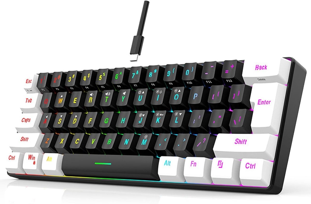 Ergonomisch Mini RGB Toetsenbord met 61 Toetsen, Bedraad Gaming Toetsenbord met LED Verlichting en Type C Aansluiting voor Gaming en Zakelijk Gebruik