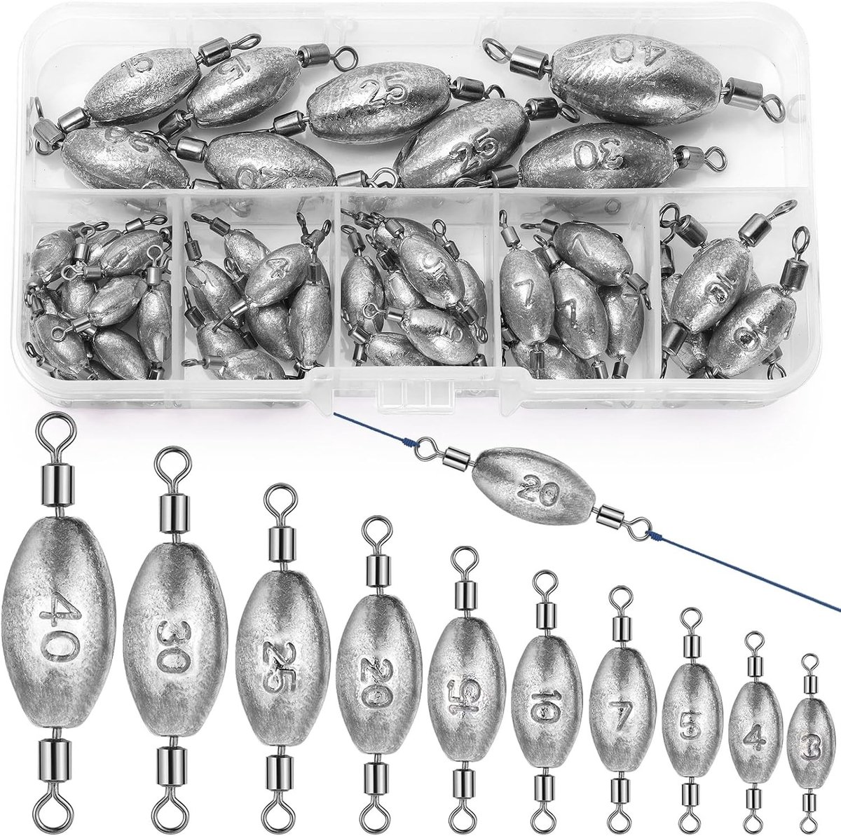 Visgewichten set van 45 stuks, ideaal voor vissen, 10 gram per gewicht, perfect voor zoet- en zoutwater vissen