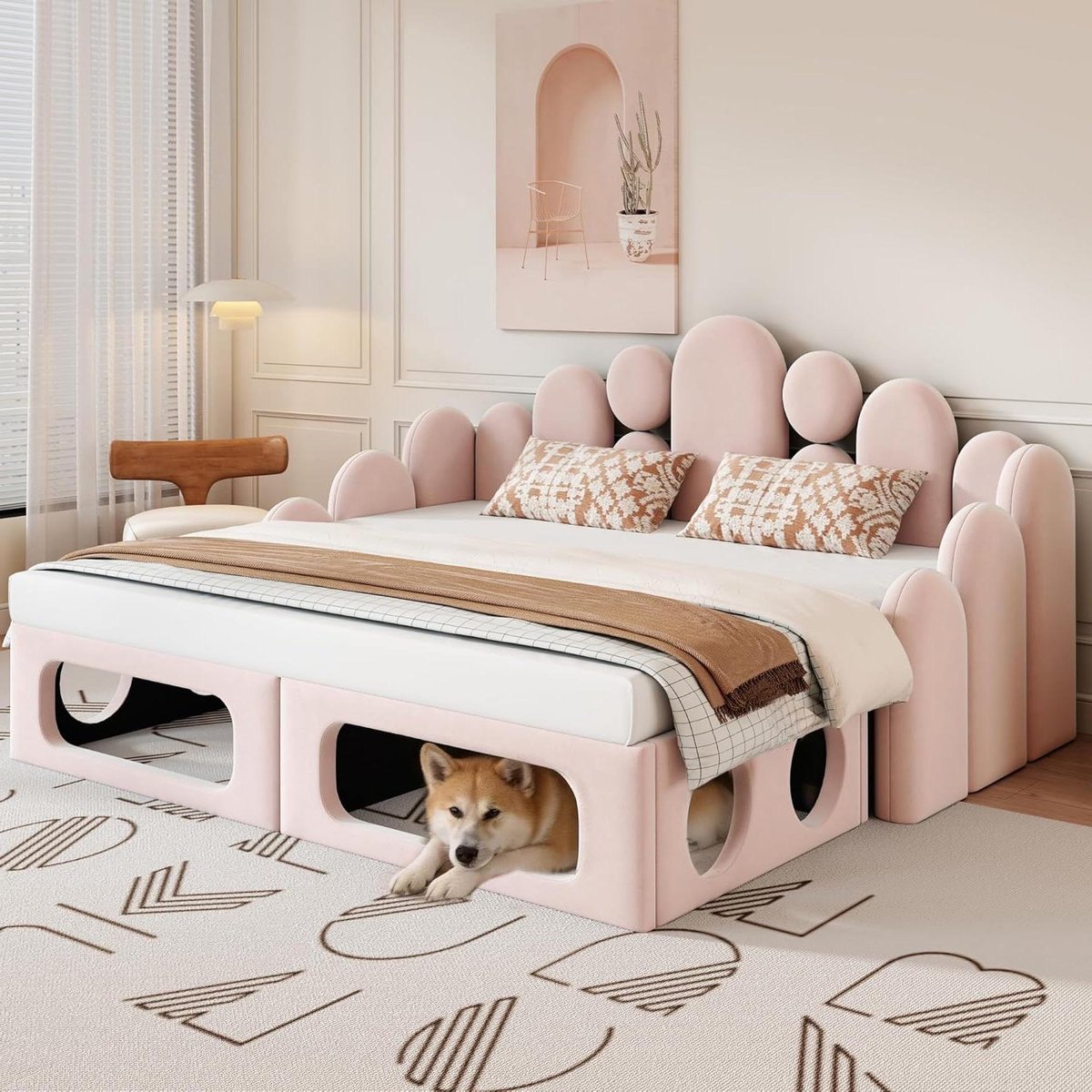 Gestoffeerde Slaapbank - Multifunctioneel Bed - Ruimtebesparend Slapen - Geïntegreerd Huisdierbed - 180x200cm - Roze