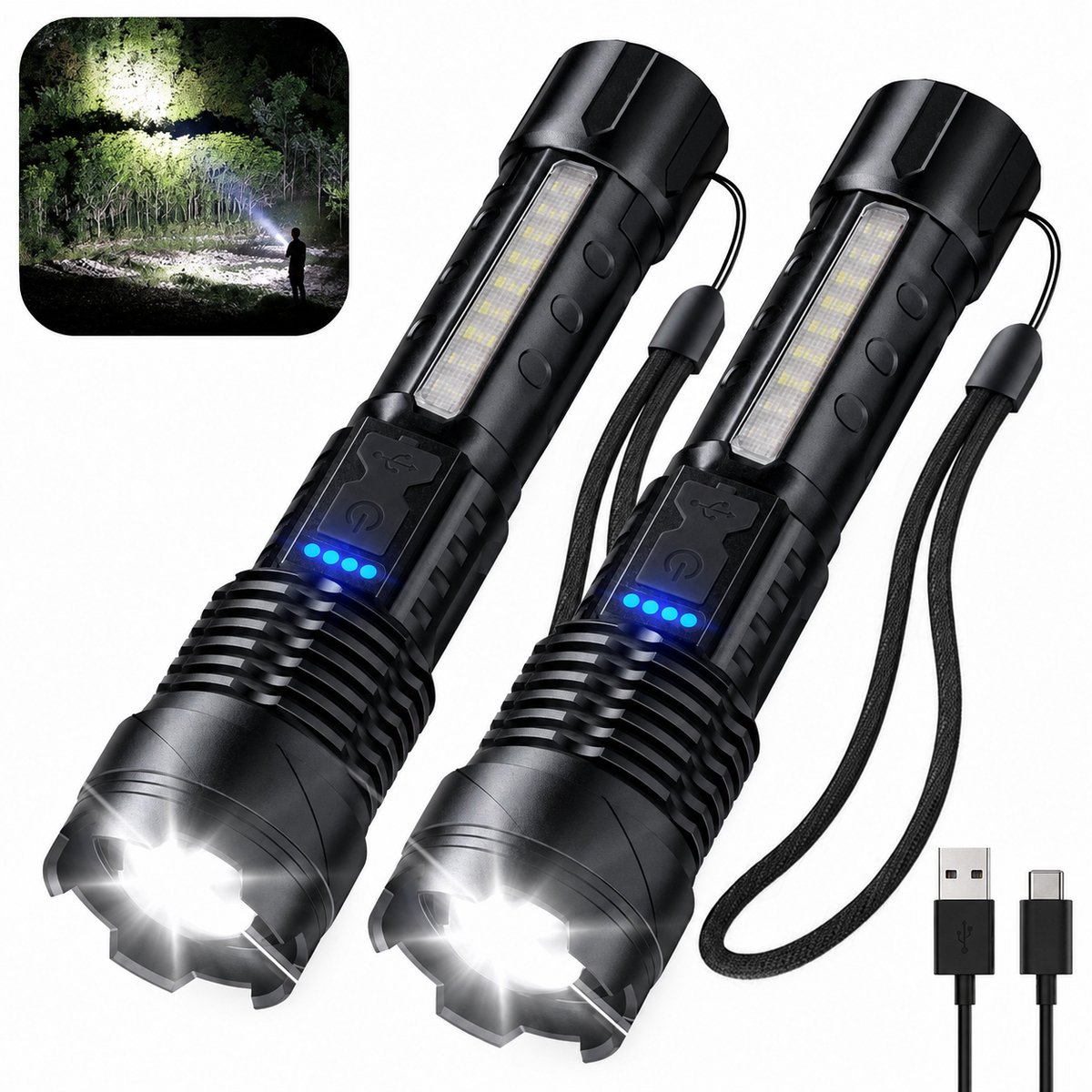 Namajunas - Zaklamp - 2 Stuks Zaklampen LED - 1500 Lumen - IPX4 Waterdicht - Batterij Aangedreven - Zwart - oplaadbare zaklamp - camping zaklamp - zaklamp usb c - krachtige zaklamp