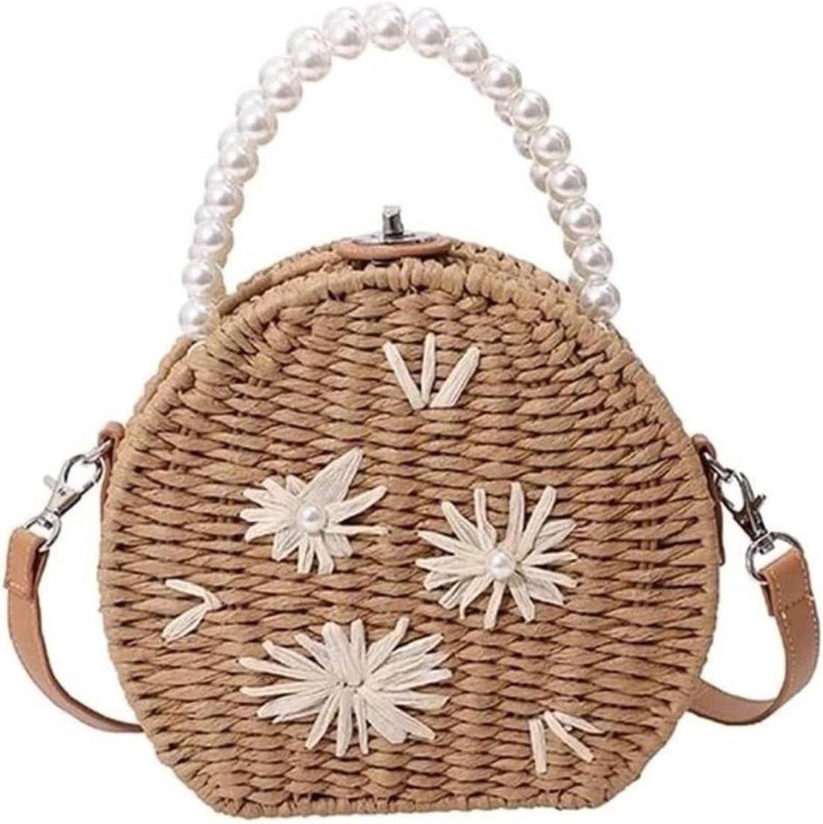 Strandtas Rieten Tas - Woven Handbag - Zomerse Uitjes - Handgemaakt met Pareldetails - 30 x 25 x 17 cm