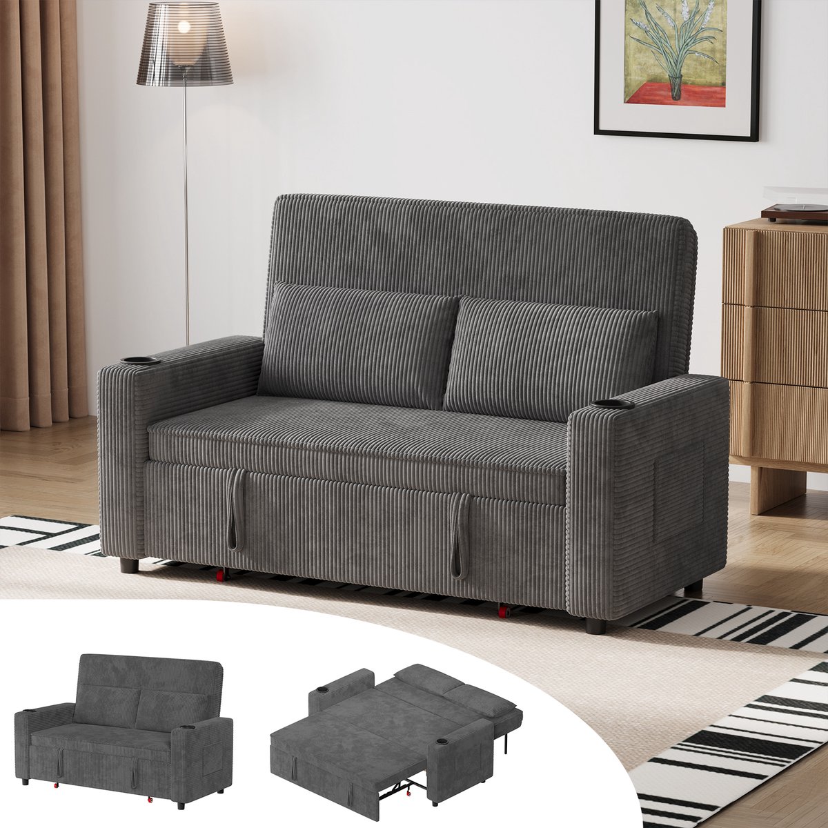 Devoko uitschuifbare slaapbank 160 x 93 x 86 cm - extra dik kussen met verenpakket, ruim en comfortabel - Grijs