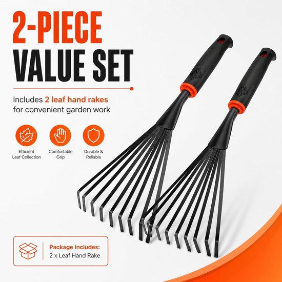 Kleine Handhark - Zwart en Oranje - 36,5 cm - Metalen Waaierbezem met Ergonomische Antislip Handgreep - Voor Tuinliefhebbers — afbeelding 5