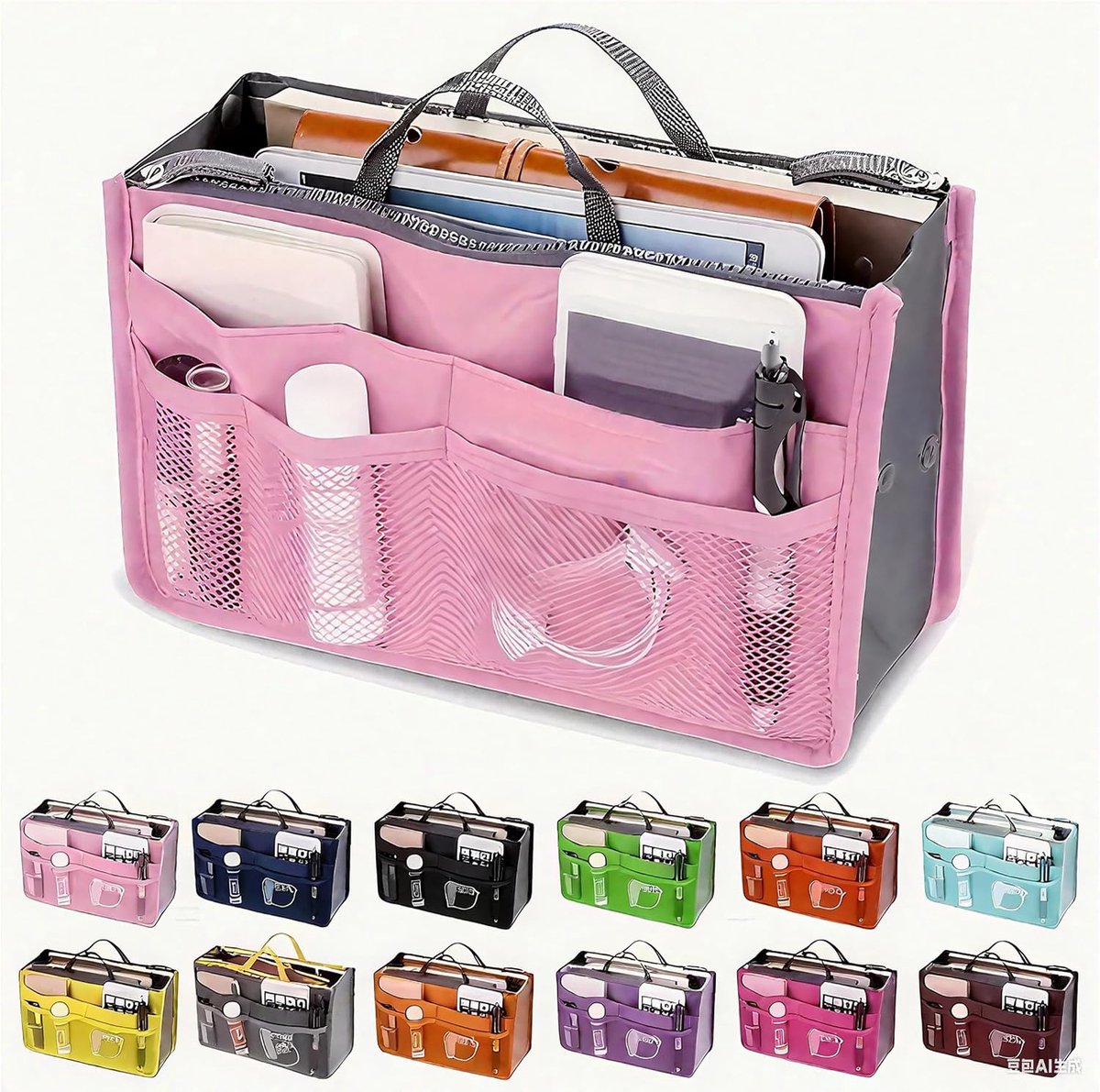 Casalora® Handtas Organizer – Tas Organizer Insert met 13 Vakken – Nylon Binnen Organizer voor Handtas, Shopper en Tote Bag – Roze – 27 × 17 × 2 cm