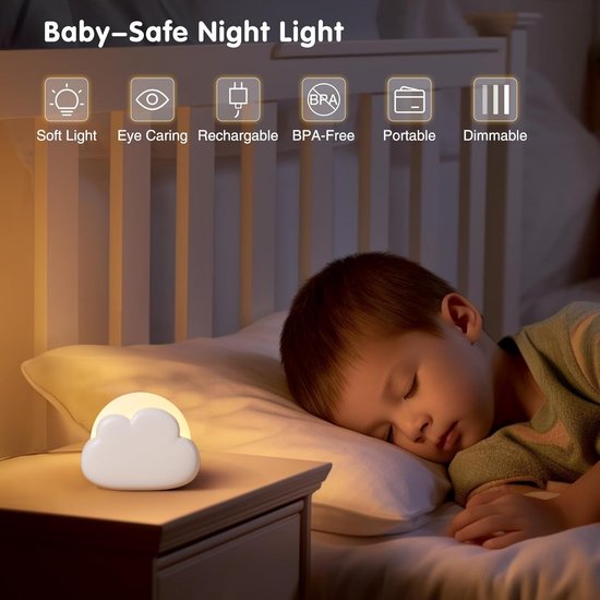 Nachtlampje - Draagbaar nachtlampje - Oplaadbaar - Klein tafellampje - Voor naast het bed van een kind of als decoratie in de babykamer - 4 helderheidsniveaus - Wit — afbeelding 5