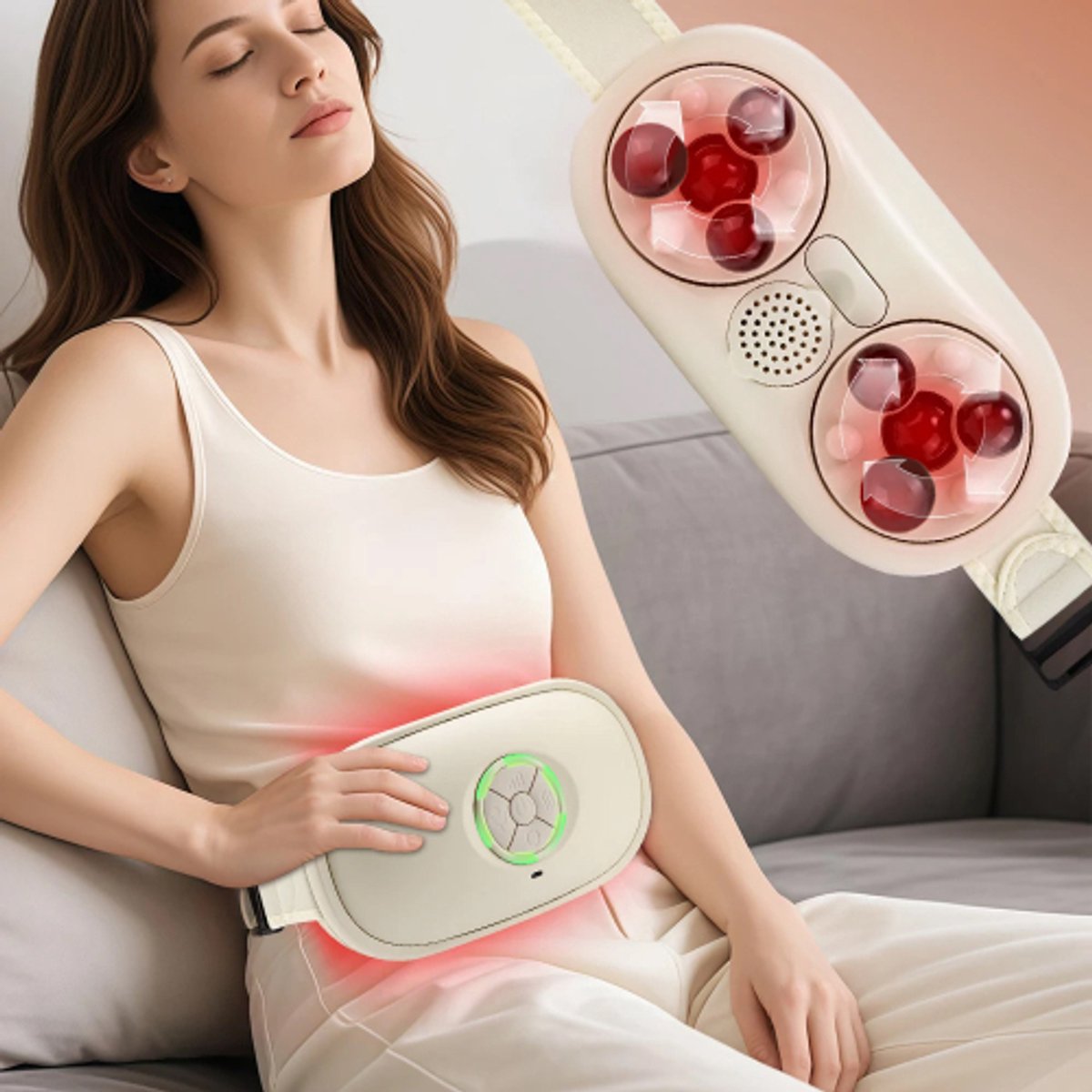 Slimme buikmassager met 360°-kneedfunctie (menselijk gevoel), constante temperatuur, infraroodwarmte en 3 intensiteitsstanden – voor diepe ontspanning en wellness thuis.