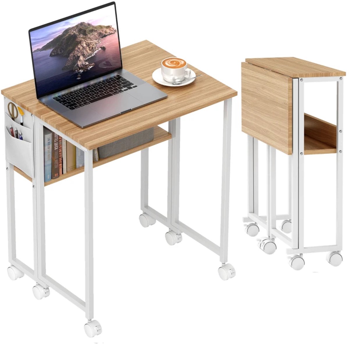 Opklapbaar Bureau met Wielen- om te Vormen tot Bijzettafel - Open Schap - Computerbureau - Werktafel - Laptoptafel - Computer Tafel - Bureautafel - Desk - Game Bureau - Naturel