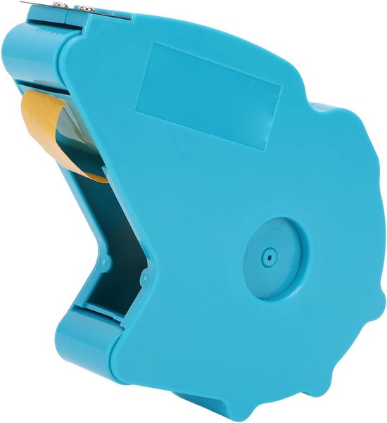 Blauwe dispenser voor afplakband met een metalen snijmes aan de bovenkant.