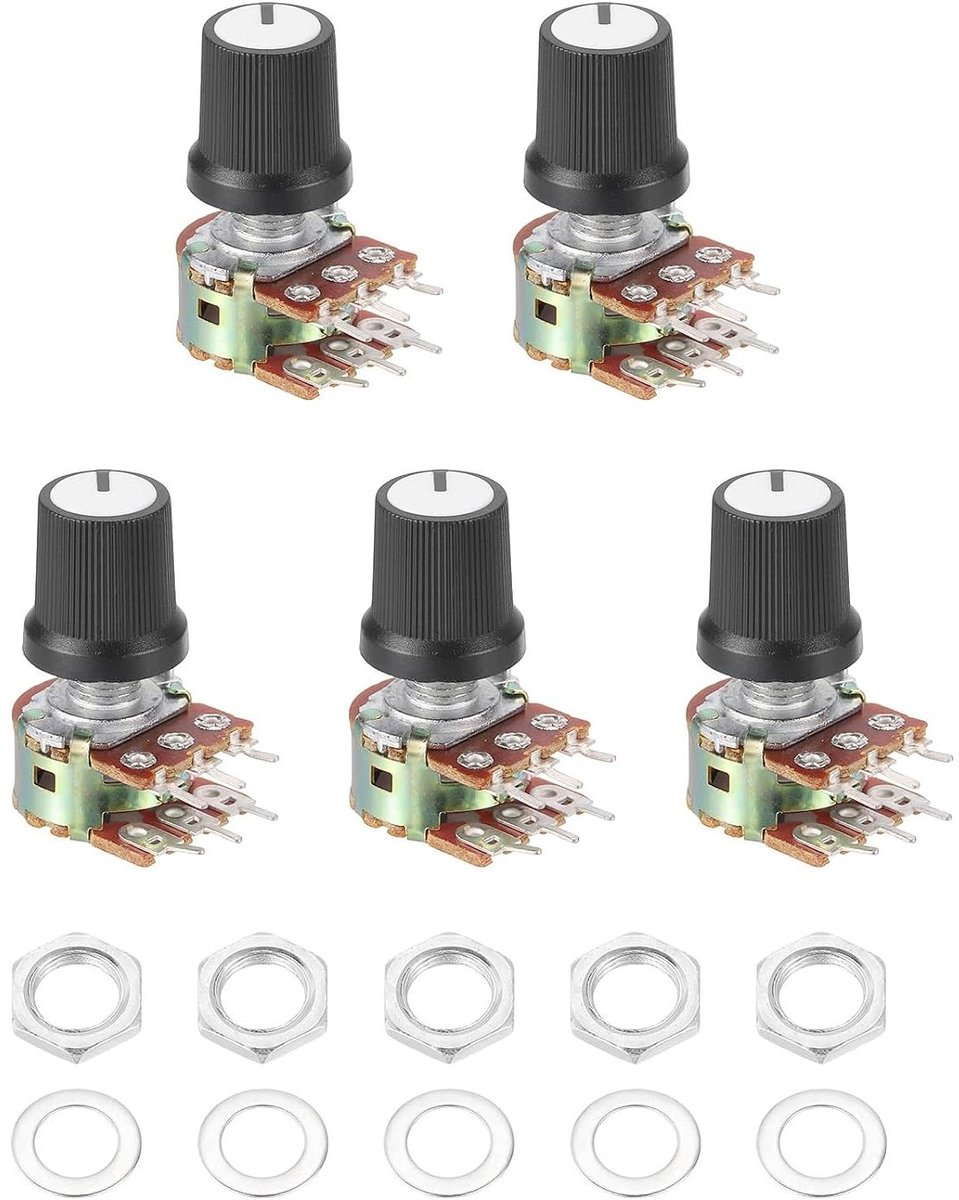 Draaipotentiometer Dubbel - Variabele Weerstand - Volumeregeling Audio - Dubbele Kegel - 15 mm - Zwart/Wit