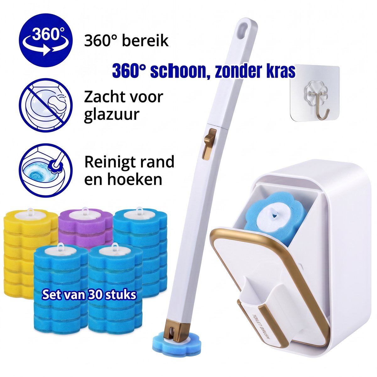 Namajunas -Toiletborstel met houder hangend – Toiletborstel, WC borstel met houder, WC reiniger – 40 cm handvat, 30 wegwerpkoppen, 360° reiniging, wandmontage, voor badkamer en toilet