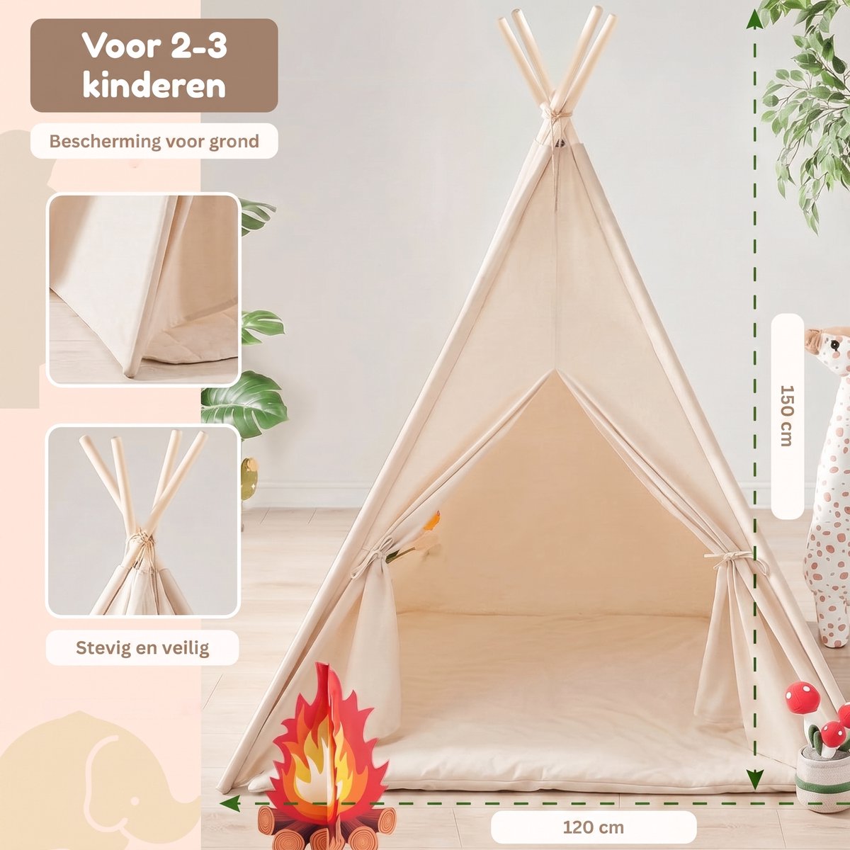 Homeblend Speeltent Kind 120x120x150cm - Speeltent jongens en meisjes - Tipi Tent - Speelhuisje - Kindertent - Tent Kinderen - Peuter Tent — cadeau in Spellen & Speelgoed - foto 2