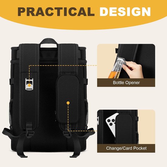 BOTC Koelrugzak 28L - Geïsoleerde Koeltas Rugzak met 2 Compartimenten - Lekbestendig - Voor Strand, Picknick, Camping & BBQ - Zwart van BOTC — afbeelding 3