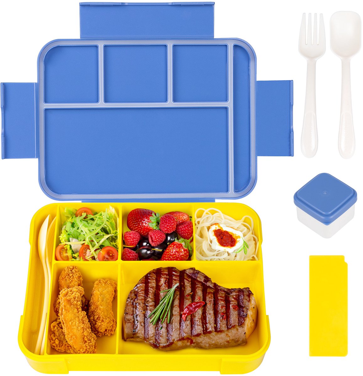 Sanorum Bento Lunchdoos voor Gezinnen: 6 Vakken Lunchcontainers voor Volwassenen, Kinderen en Peuters inclusief Sauscontainers - Veilig voor Magnetron, Vaatwasser en Vrieskast | BPA-vrij-Blauw-geel