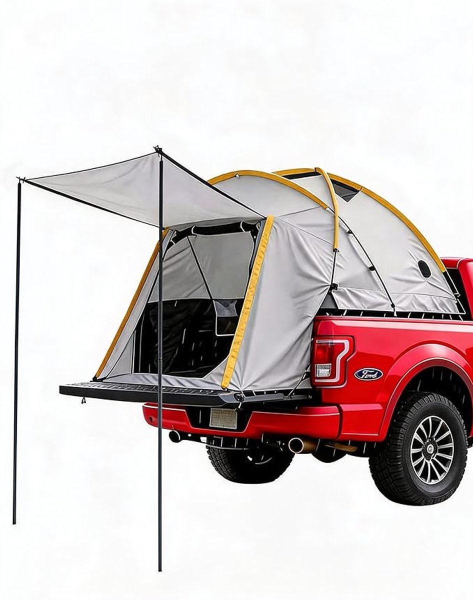 HOERFURIY pick-up laadbak tent groot model met steunen, 210D Oxford stof – autotent voor 2-3 personen met luifel, geschikt voor Silverado, F150, RAM, Sierra, Tundra