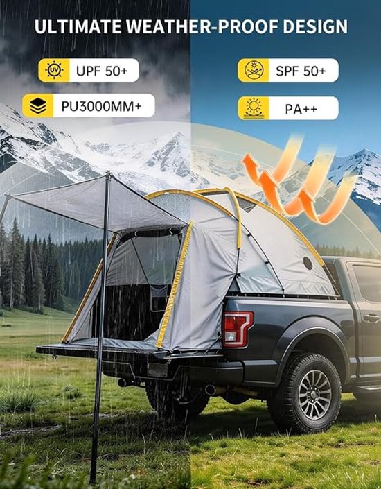 HOERFURIY pick-up laadbak tent groot model met steunen, 210D Oxford stof - autotent voor 2-3 personen met luifel, geschikt voor Silverado, F150, RAM, Sierra, Tundra — afbeelding 4