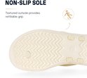 Detail van de beige teenslipperzool met antislip textuur.