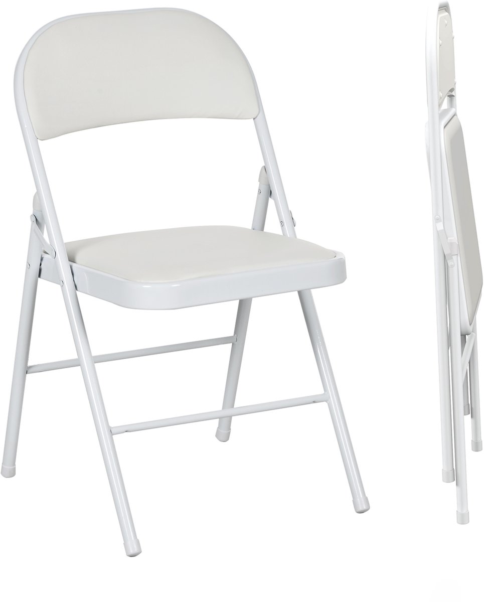 Set van 2 klapstoelen, draagbare eetkamerstoelen, klapstoelen voor binnen met kunststof kussen en stalen frame, afmetingen: 45B x 46D x 78H cm, wit